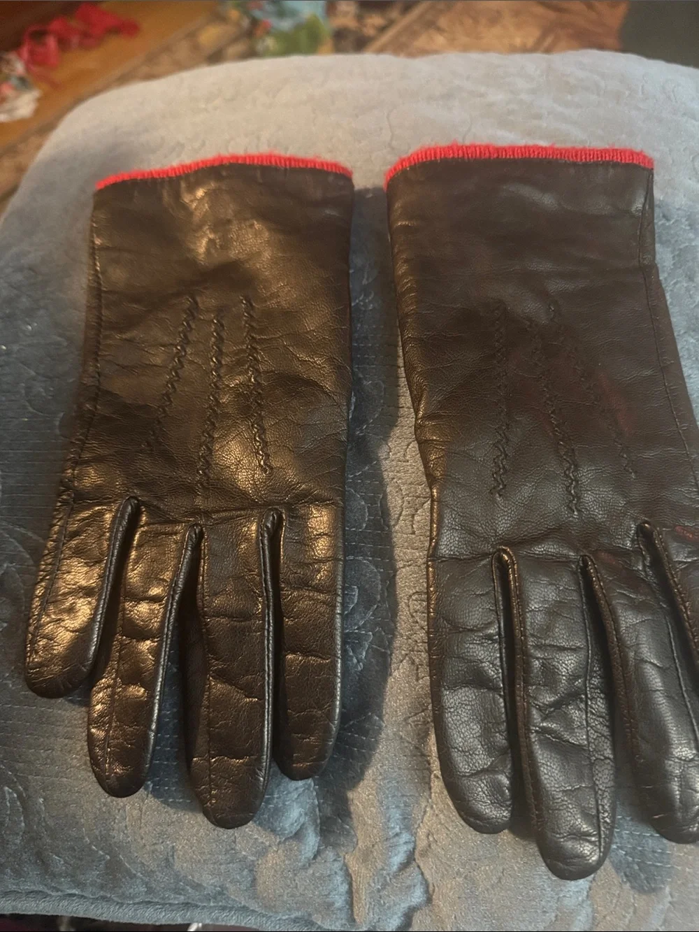 Women's Black Leather Gloves with Red Trim - Sleek Winter Style